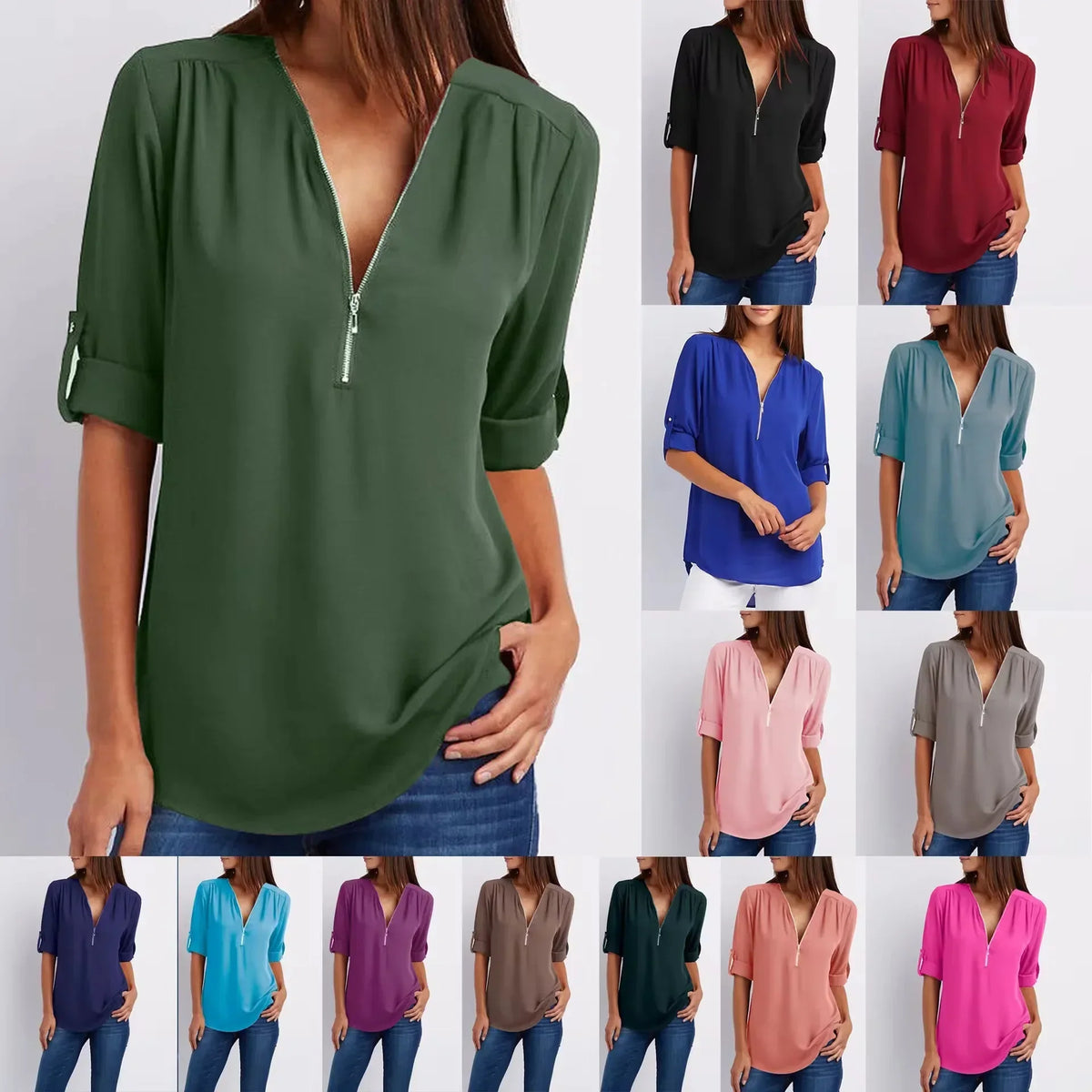 Women’s 2025 Hot Sale Loose Chiffon Blouse – Deep V-Neck Casual Top with Zipper Pullover Plus Size