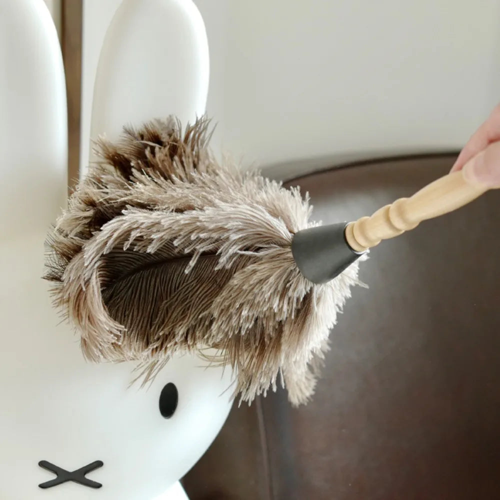 Ostrich Feather Dusting Brush – Wooden Handle Anti-Static Household & Car Cleaning Duster Tool