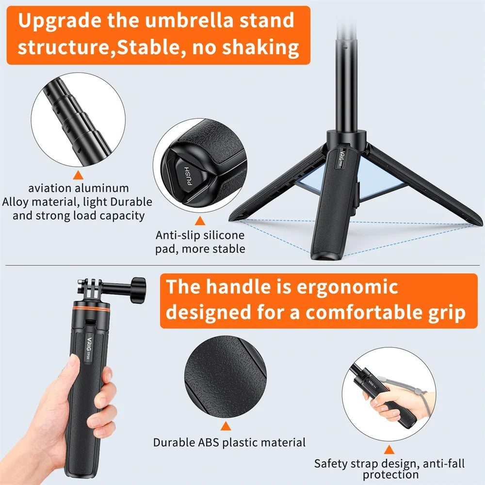 Aluminum Extendable Selfie Stick Tripod – Mini Portable Vlog Tripod for GoPro Hero 12-6, Osmo Action, Insta360 One R & X3