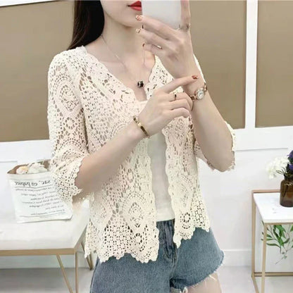 Women’s Knitted Lace Shrug – Boho Hollow Crochet Floral 3/4 Sleeves, Open Front Cropped Cardigan, Elegant Mesh Sweater Cover-Up