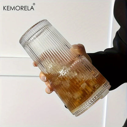 600ML Striped Glass Coffee Cup with Lid and Straw – Transparent Drinking Glasses for Juice, Milk, Tea | Iced Coffee Mug Drinkware