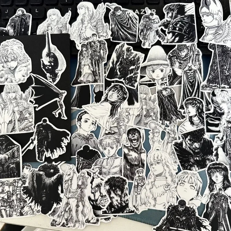 53pcs Berserk Guts Anime Stickers – Black & White Waterproof Laptop, Diary & Luggage Decals