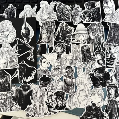 53pcs Berserk Guts Anime Stickers – Black & White Waterproof Laptop, Diary & Luggage Decals