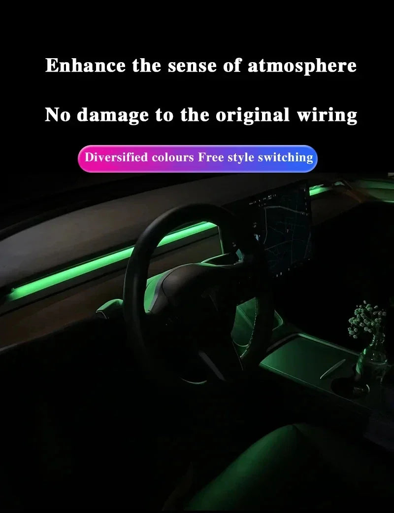 2-in-1 Dynamic Neon RGB Car LED Ambient Lighting – Auto OFF 60s Module for Tesla Model 3 & Y Dashboard Decoration