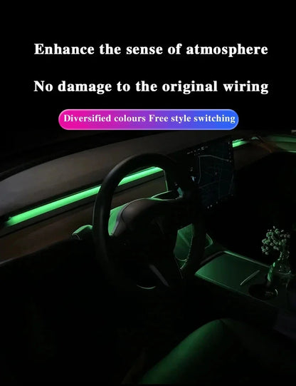 2-in-1 Dynamic Neon RGB Car LED Ambient Lighting – Auto OFF 60s Module for Tesla Model 3 & Y Dashboard Decoration