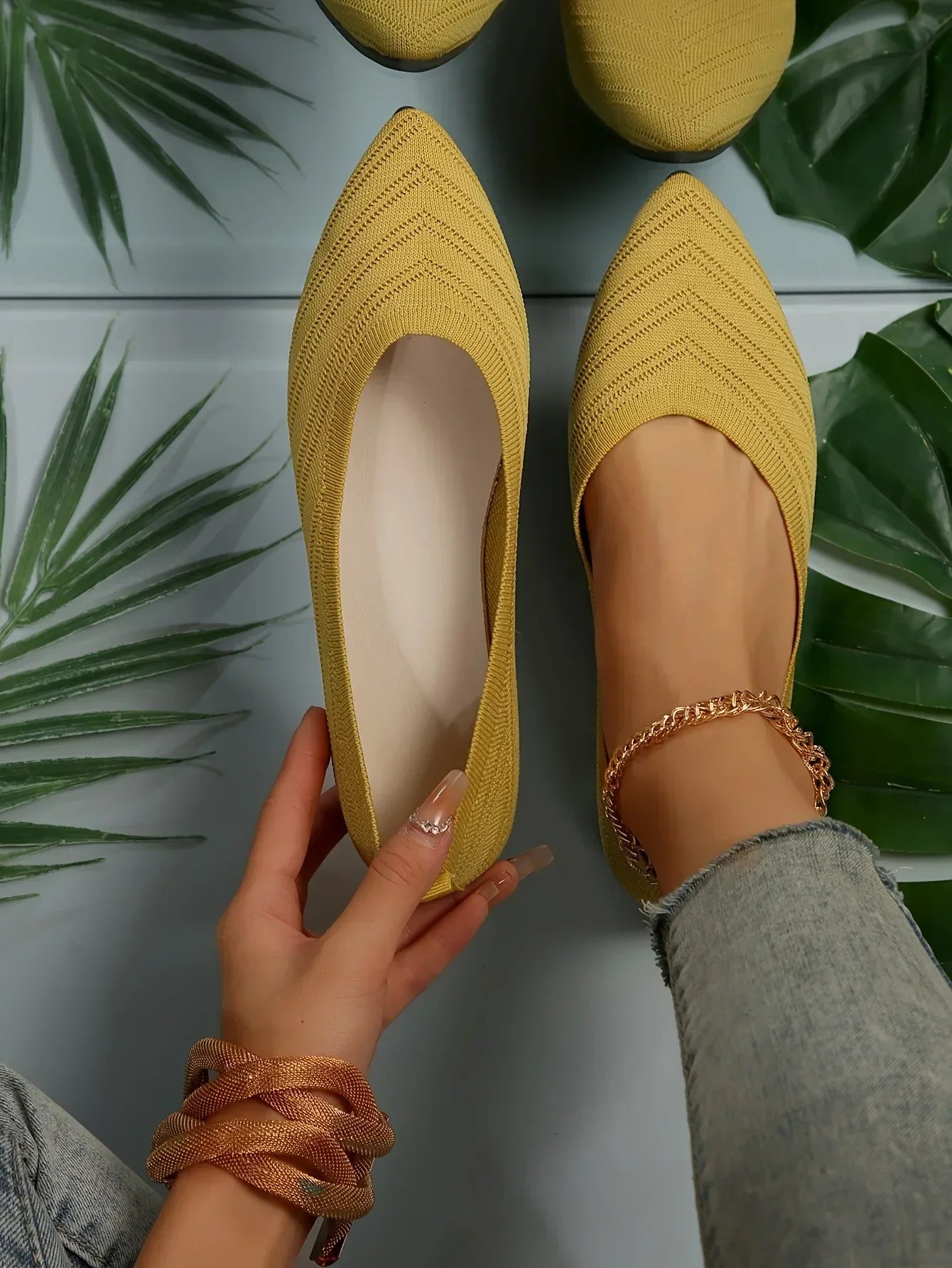 Women’s Pointed Toe Knitted Slip-On Flats – Solid Color Casual Breathable Ballet Loafers