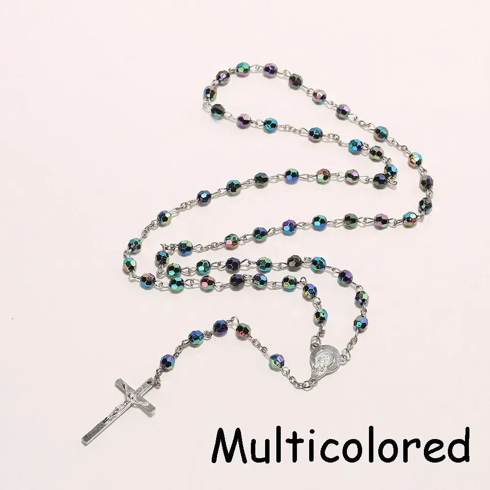 Vintage Cross Rosary Necklace – Fashion Beaded Chain with Jesus Crucifix & Virgin Mary Pendant Religious Jewelry for Men & Women