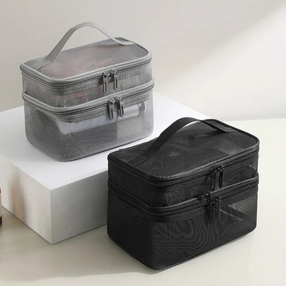 Travel 2-Layer Cosmetic Organizer Bag – Transparent Folding Mesh Zipper Pouch, Large Capacity Makeup & Wash Kit Bag 2024