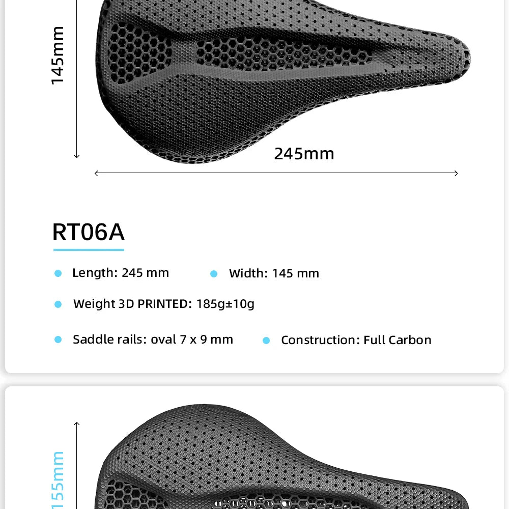 RYET Ultra Full Carbon 3D Printed Bike Saddle — 145mm Lightweight MTB Seat with High Modulus Carbon Fiber Base