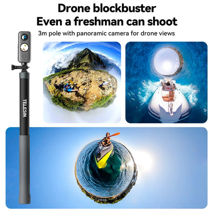 TELESIN 1.2M/3M Carbon Fiber Selfie Stick Monopod - Extendable with 1/4'' Screw for GoPro, Insta360, Osmo Action, DJI Action Camera