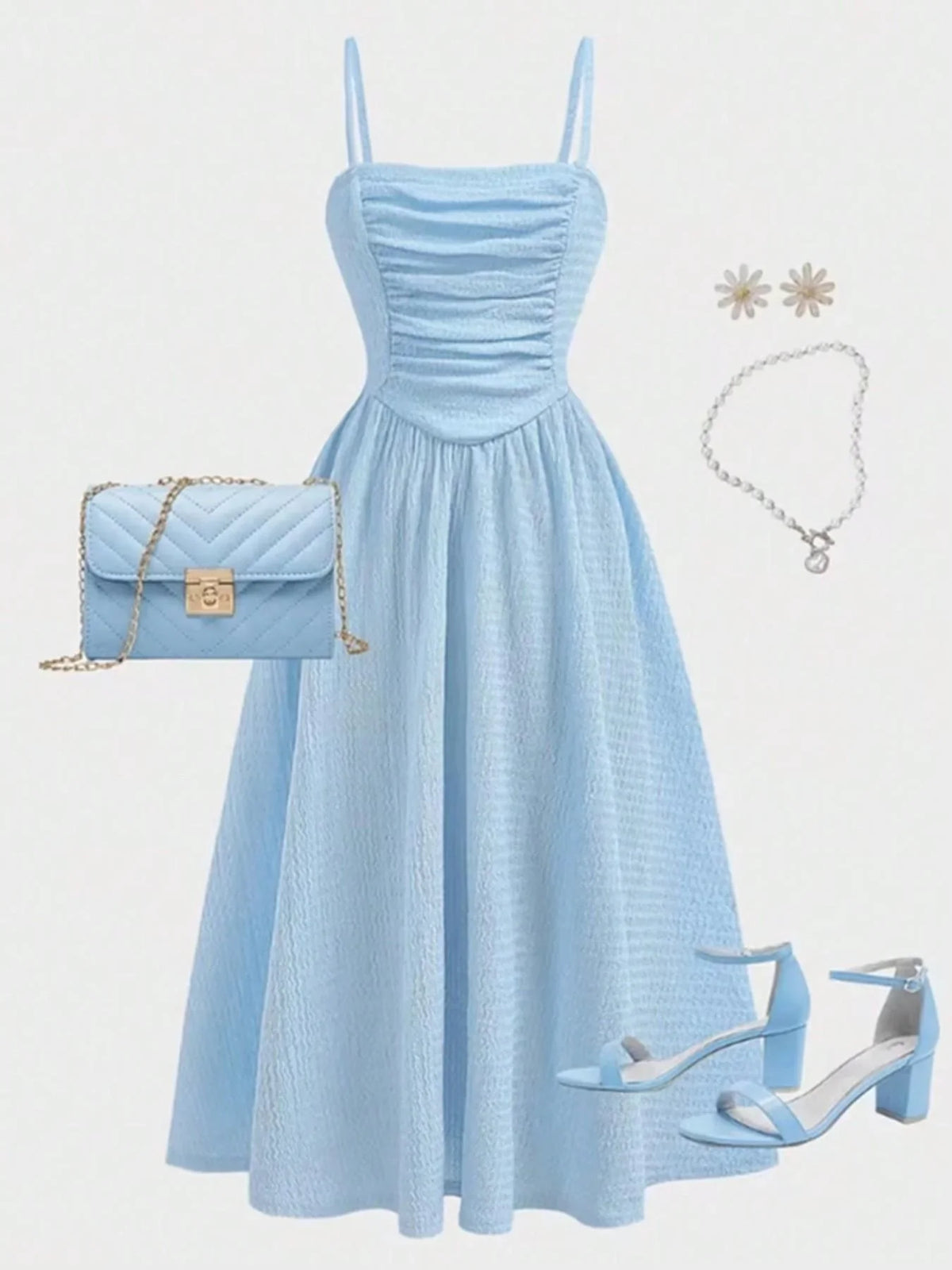 Youth Girls Midi Dress - Light Blue Square Neck Ruched Cami Summer Dress