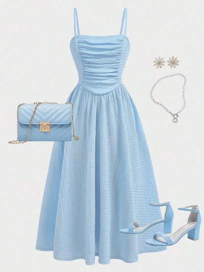 Youth Girls Midi Dress - Light Blue Square Neck Ruched Cami Summer Dress