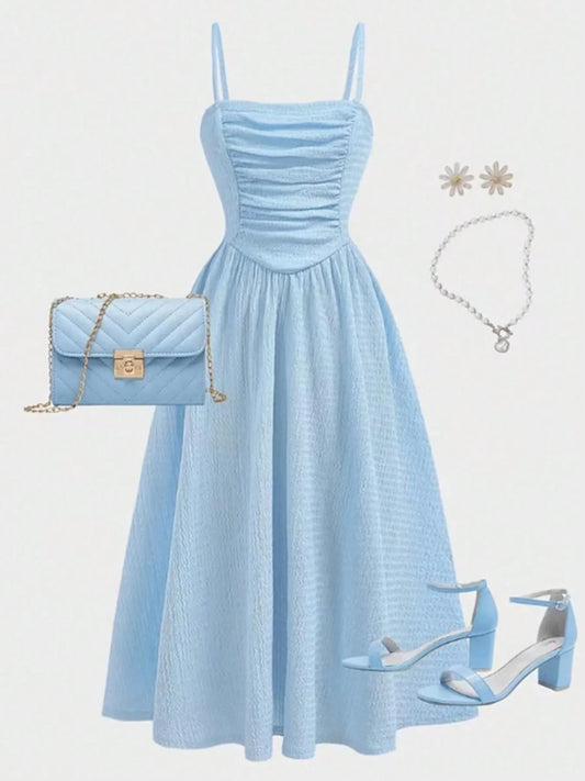 Youth Girls Midi Dress - Light Blue Square Neck Ruched Cami Summer Dress