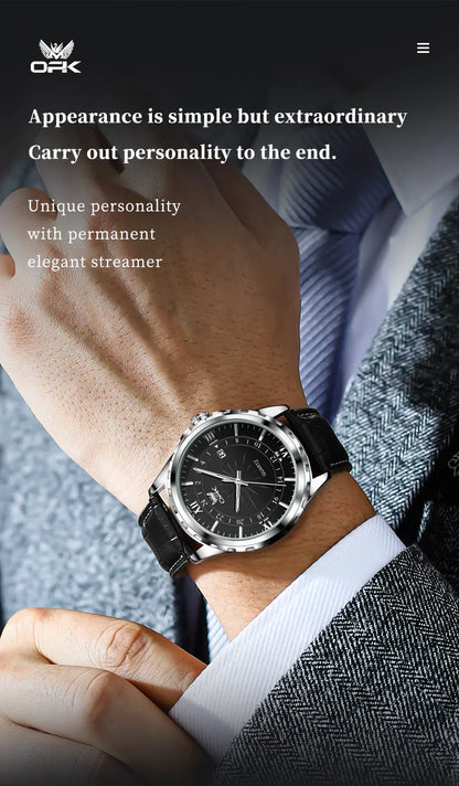 OPK Men's Quartz Watch — Steel Belt Dual Calendar Wristwatch Model 6003