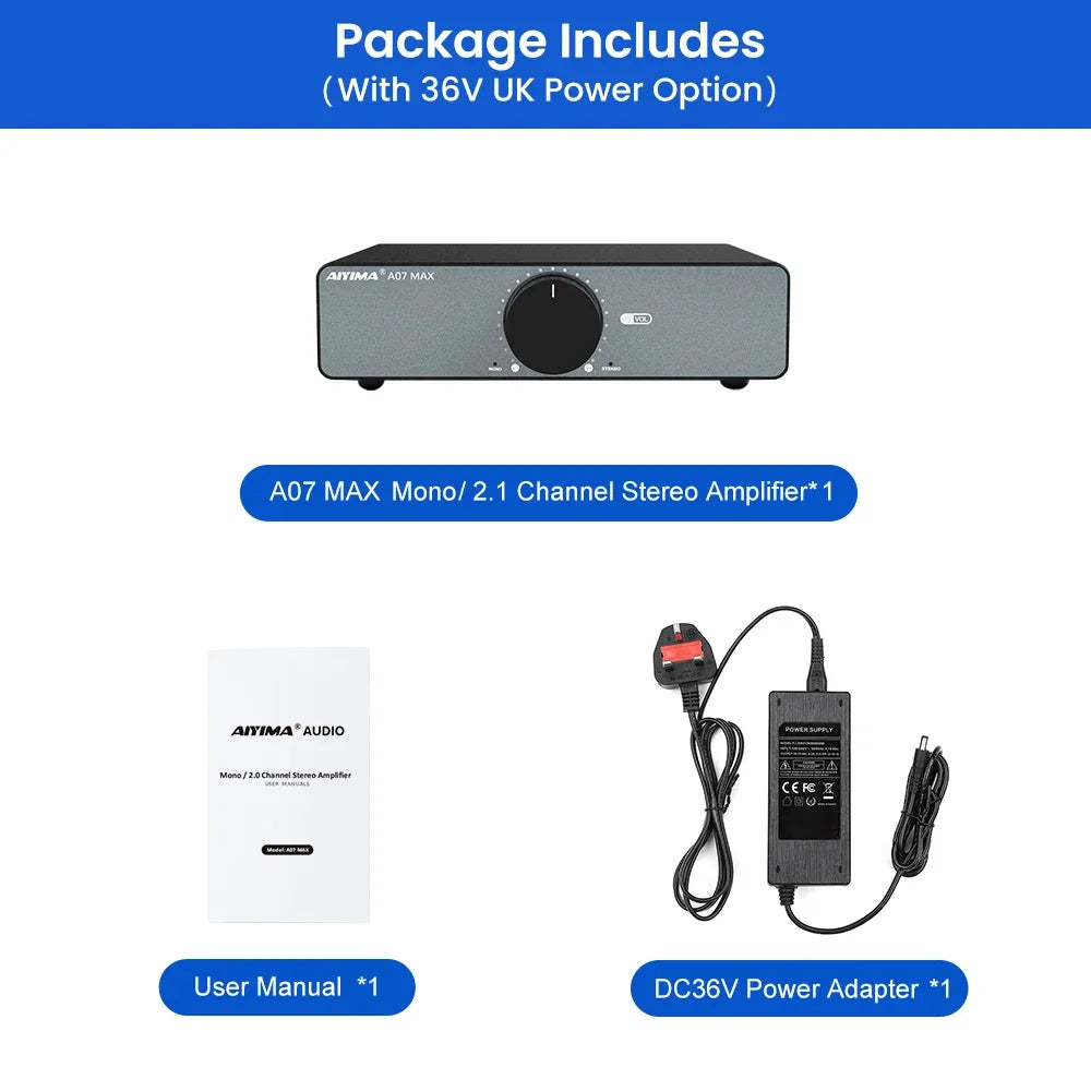 AIYIMA A07 MAX 2-Channel Class D Amplifier – 300W x2 TPA3255 Home Audio Stereo Amp, Bridgeable Mono 600W Power Speaker System