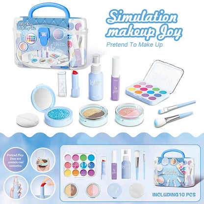 Pretend Makeup Playset, 10 Piece Non-Toxic Toy Cosmetics Set with Eyeshadow Palette, Lipstick, and Applicators (Not Real Makeup)