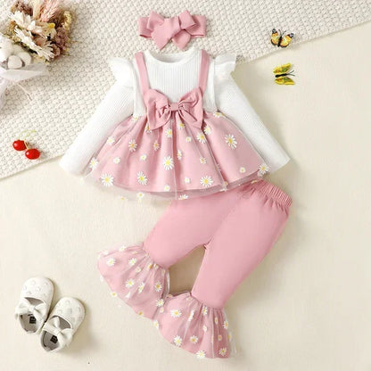 Newborn Baby Girls Clothes Set – Pink Ruffle Top & Heart Print Bow Trousers, Princess Casual Outfit for Infants