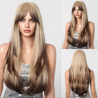 ALAN EATON Blonde Layered Synthetic Wig with Bangs – Long Straight Heat-Resistant Wig for Women & Girls, Natural Daily Hair