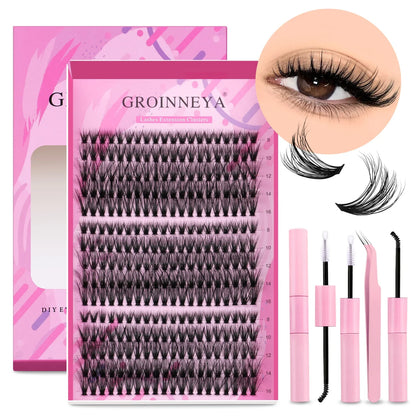 GROINNEYA DIY Lash Extension Kit – Cluster & Individual Lashes Set with Lash Bond & Seal for At-Home Eyelash Extension Makeup