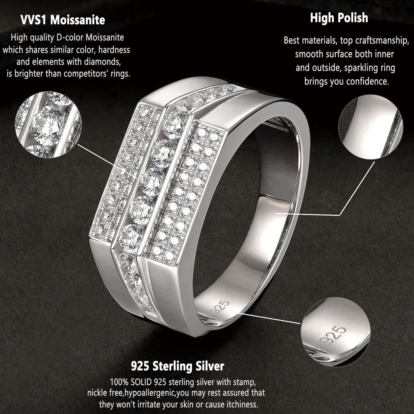 Newshe Full Moissanite Wedding Band for Men – 925 Sterling Silver Pave Engagement & Eternity Promise Ring