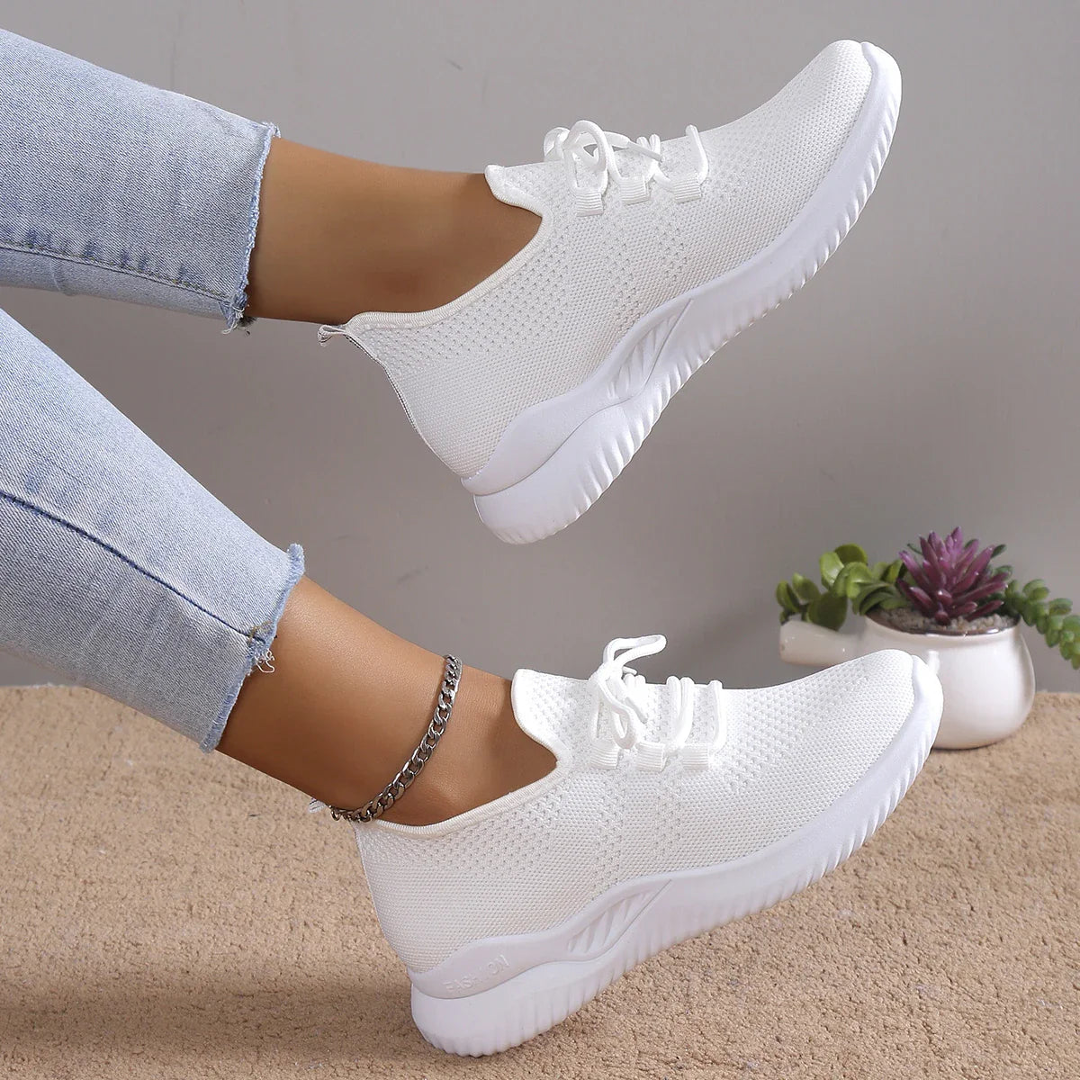 Women’s Fashion Lace-Up Mesh Sneakers – Breathable Outdoor Walking Shoes with Non-Slip Thick Sole, Round Toe, White Tennis Shoes