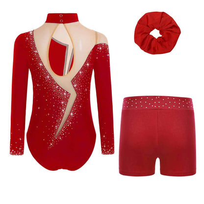 Kids Girls Long-Sleeve Ballet Leotard with Body Shorts & Hair Band — Gymnastics Dance Bodysuit