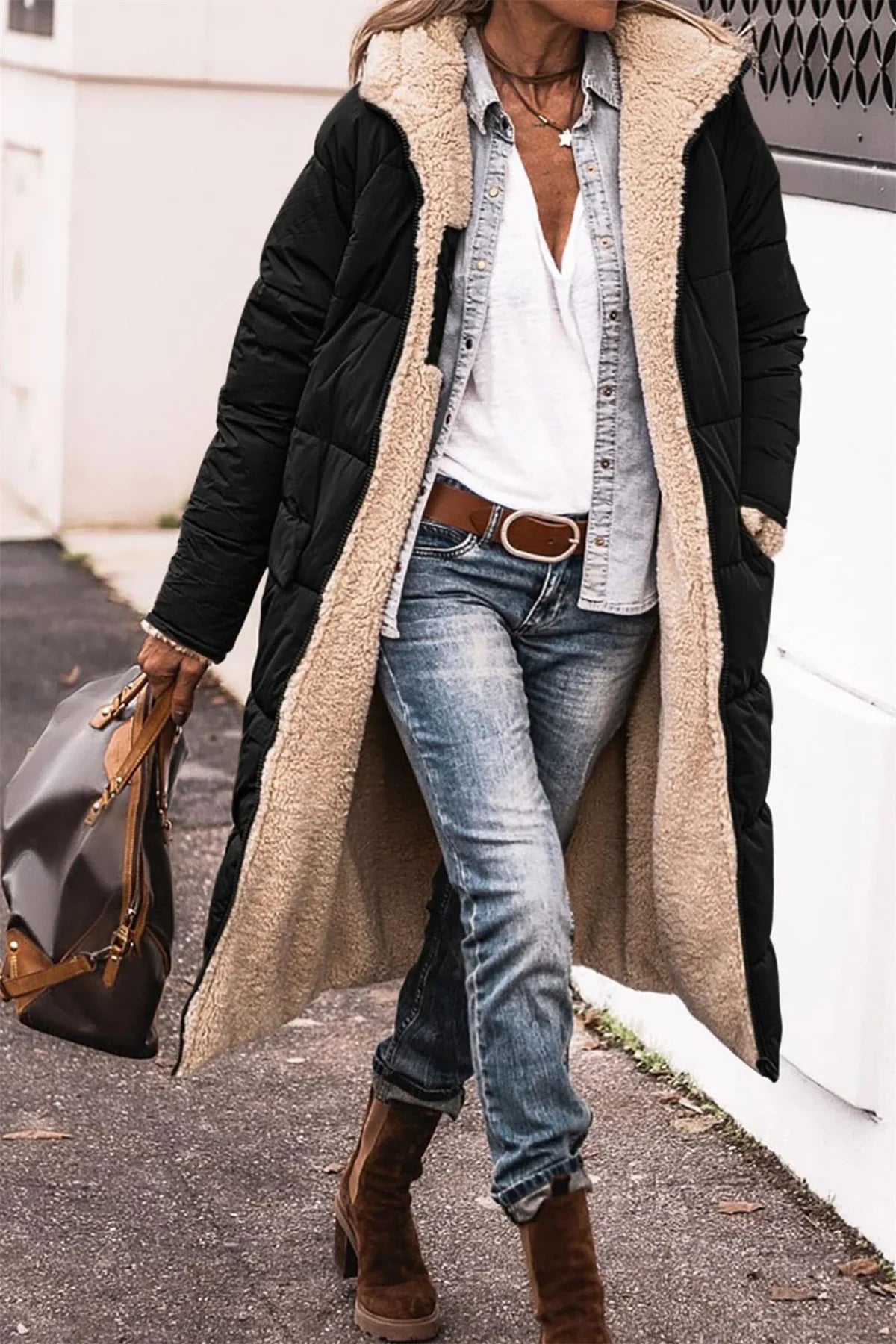 Women's Winter Hooded Quilted Jacket – Reversible Solid Puffer Coat, Thick Long Sleeve Casual Outerwear