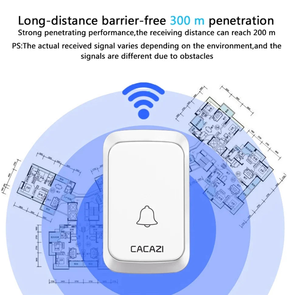 CACAZI A06 DC Battery-Operated Wireless Waterproof Doorbell – 300M Remote, 36 Chimes, Cordless Home Call Bell