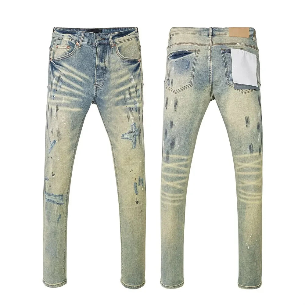 Men's Graffiti Washed Jeans - Retro Distressed Low Rise Skinny Denim Pants