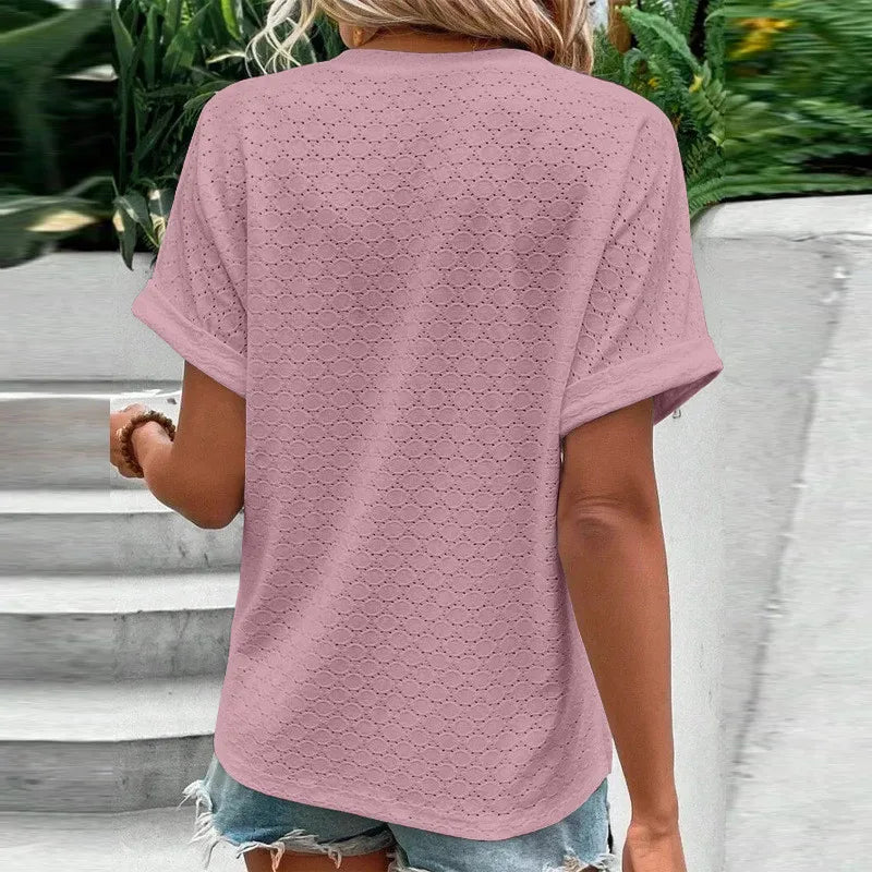 2023 Women's Jacquard V-Neck Blouse – Casual Button-Up, Loose Fit Short Sleeve Oversized Summer Shirt