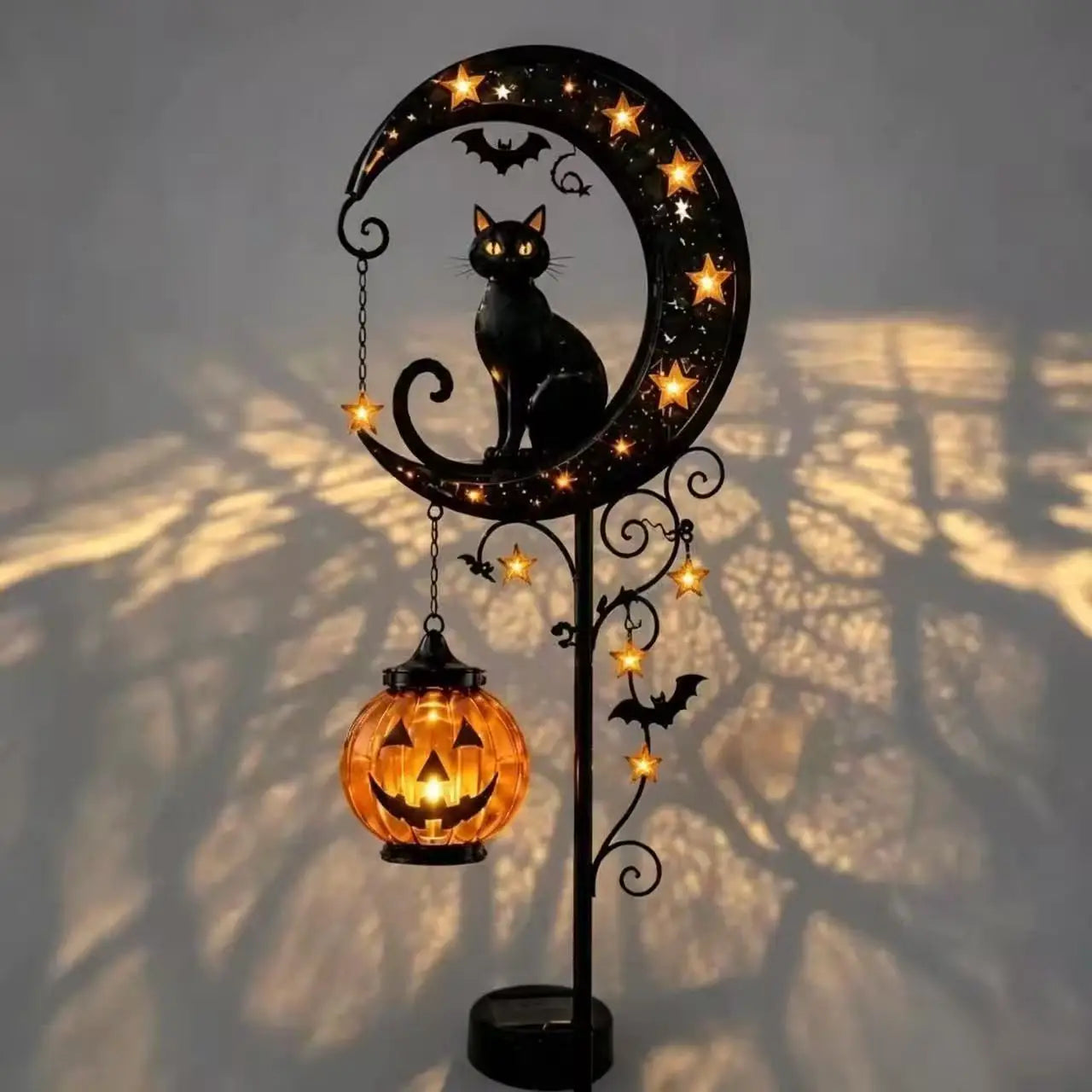 Halloween Garden Stake Light - Black Cat & Pumpkin Moon Outdoor Waterproof Metal Decor