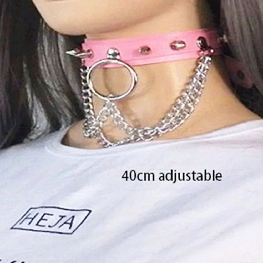 Pink Gothic Collar Necklace – Trendy Rock Leather Heart with Rivets, Harajuku Punk Choker Jewelry for Women, Gift Idea