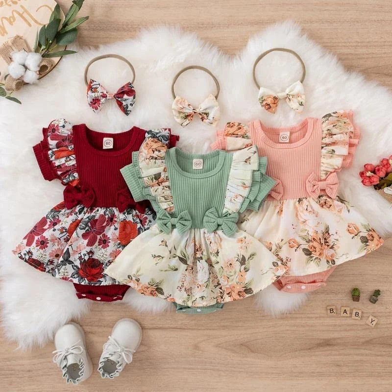 Summer Baby Girl Dress - Cotton Striped Jumpsuit with Bowknot & Floral Design for Newborns