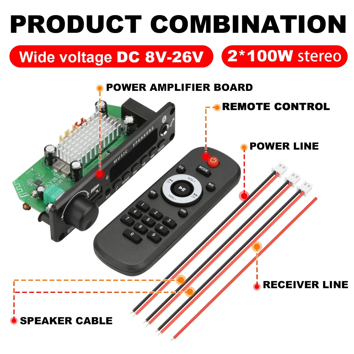 200W Bluetooth Amplifier Board - DIY MP3 WAV Decoder with USB, TF Card, FM Radio & Microphone, DC 12V