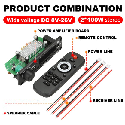 200W Bluetooth Amplifier Board - DIY MP3 WAV Decoder with USB, TF Card, FM Radio & Microphone, DC 12V