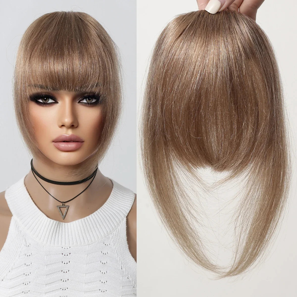 Clip-In Bangs for Women - 100% Human Hair, Thick French Natural Black Brown Hairpieces with Temples