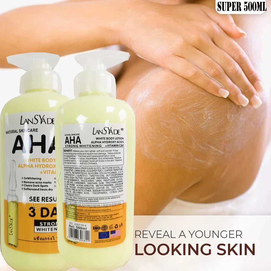 500ml Whitening Body Lotion with Alpha Hydroxy Acids, Vitamin C & E – Fast Moisturizing & Lightening Cream for Skin Brightening