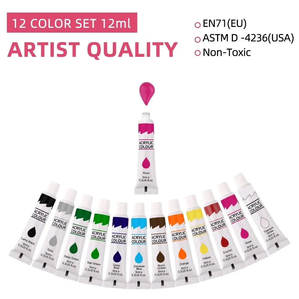 12-Color Acrylic Paint Set - 9ml Waterproof Art Supplies for Beginners, Canvas Painting, DIY Crafts & Creative Projects