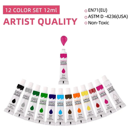 12-Color Acrylic Paint Set - 9ml Waterproof Art Supplies for Beginners, Canvas Painting, DIY Crafts & Creative Projects