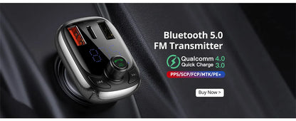 Baseus Bluetooth 5.0 FM Transmitter – Wireless Car Kit with USB Fast Charger, AUX, MP3 Player & Hands-Free Calling