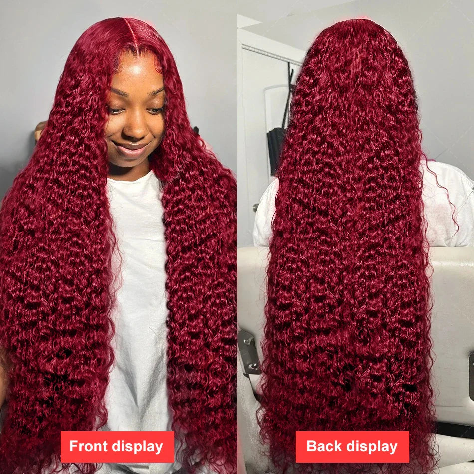 Deep Wave 99J Burgundy Lace Front Wig – 13x6 Lace Frontal Human Hair Wig, 13x4 Transparent Brazilian Colored Water Wave Wig