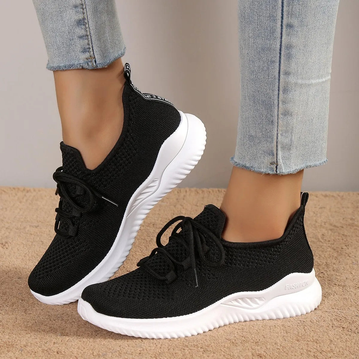 Women’s Fashion Lace-Up Mesh Sneakers – Breathable Outdoor Walking Shoes with Non-Slip Thick Sole, Round Toe, White Tennis Shoes
