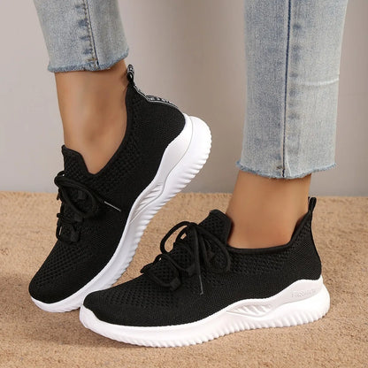 Women’s Fashion Lace-Up Mesh Sneakers – Breathable Outdoor Walking Shoes with Non-Slip Thick Sole, Round Toe, White Tennis Shoes