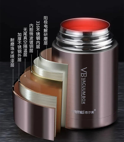 600/800/1000ml Stainless Steel Food Thermos — 316 Vacuum Insulated Lunch Jar with Spoon & Carry Bag for Kids