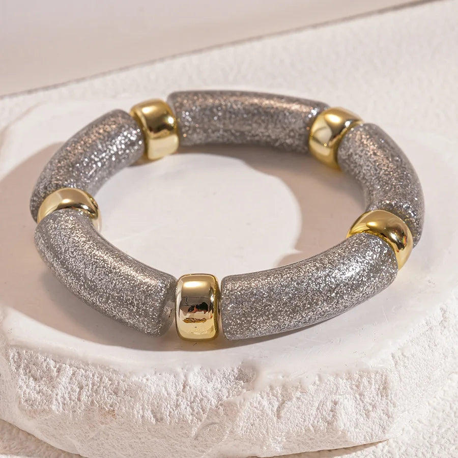 Leopard Print Bamboo Tube Acrylic Bracelets - Retro Stretch Beaded Bangles for Women & Men, Stackable Jewelry Gift