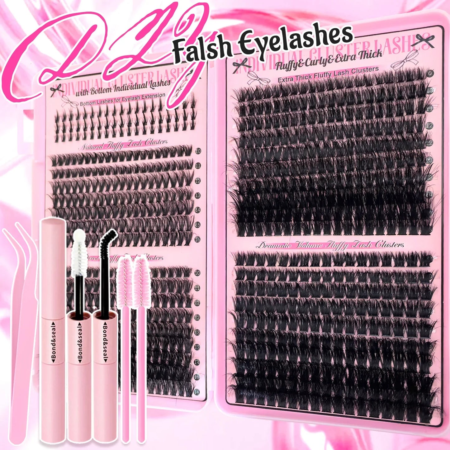 Top & Bottom Lash Extension Kit – 250/740 Cluster Fluffy Volume Mix Lengths DIY Eyelash Set for Bold Bombshell & Natural Lash Looks