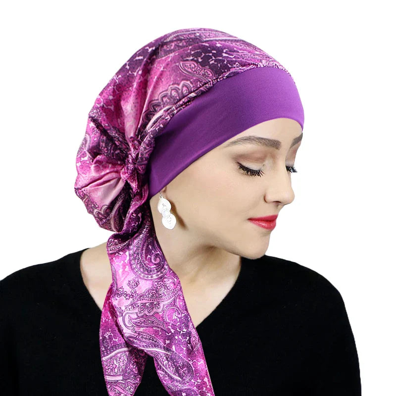 Women’s Printed Pre-Tie Headscarf – Elastic Turban & Chemo Hair Loss Head Wrap Bandana