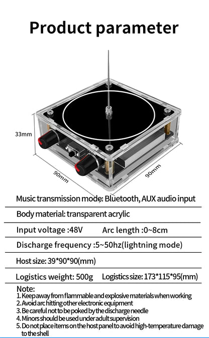 Music Tesla Coil Bluetooth/AUX – Dual Mode Music Box with Touchable Artificial Lightning, Audio Input for Science Experiments