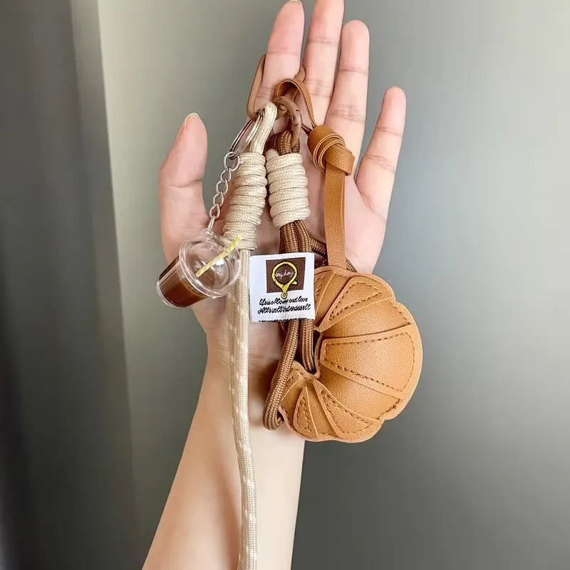 Croissant Bread Keychain - Braided Rope Heart Bag Charm & Phone Lanyard Gift