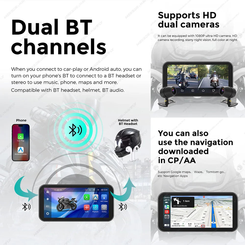 Portable 6.25-Inch Motorcycle GPS Navigation with Wireless CarPlay & Android Auto – IP67 Waterproof, DVR Drive Recorder, WIFI Moto Monitor